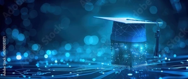 Fototapeta Futuristic AI education design with a sleek low-poly graduation cap. Glowing vibrant blue digital chip, blurred edges, modern abstract composition.