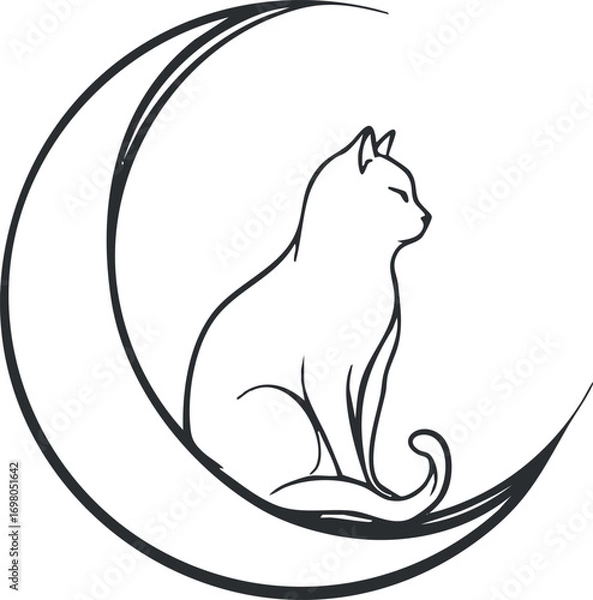 Fototapeta A minimalist illustration of a cat sitting elegantly within a crescent moon. Black on transparent background.