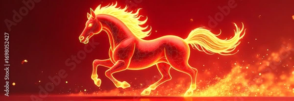 Fototapeta The banner is a fiery red horse on a black background. the symbol of the year 2026. Chinese New Year