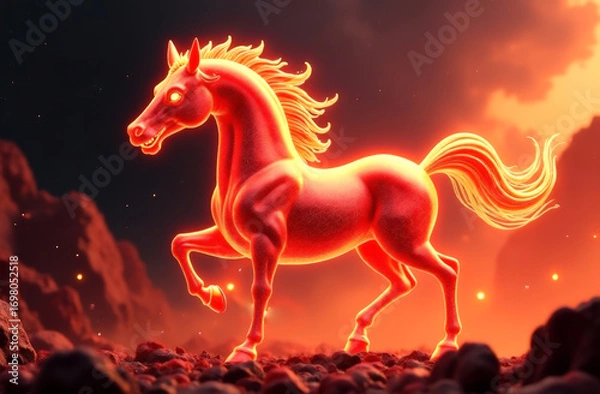 Fototapeta The banner is a fiery red horse on a black background. the symbol of the year 2026. Chinese New Year