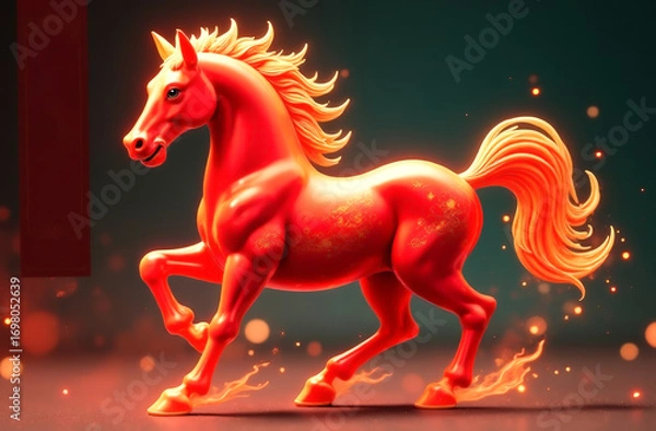 Fototapeta The banner is a fiery red horse on a black background. the symbol of the year 2026. Chinese New Year