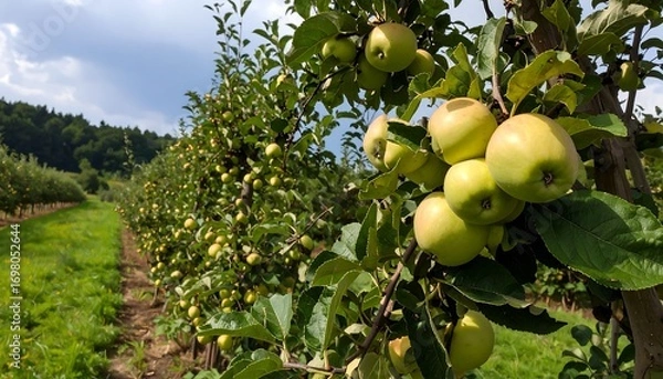 Fototapeta Lush apple orchard under a partly cloudy sky