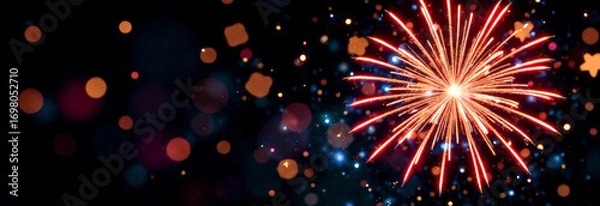 Fototapeta fireworks lights on a black background. Christmas and New Year greeting card. 3d illustration