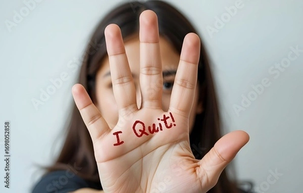 Fototapeta Young female employee shows palm with text written I QUIT , decision making to quit job, full time employee resign from corporate job to find work life balance