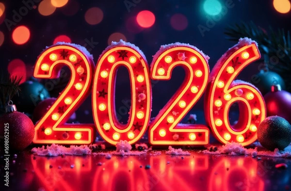 Fototapeta red numbers 2026 on a blurred background on the side. New Year's Eve celebration. greeting card, layout for advertising a store, cafe	