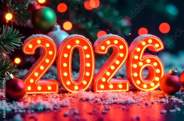 Fototapeta red numbers 2026 on a blurred background on the side. New Year's Eve celebration. greeting card, layout for advertising a store, cafe	