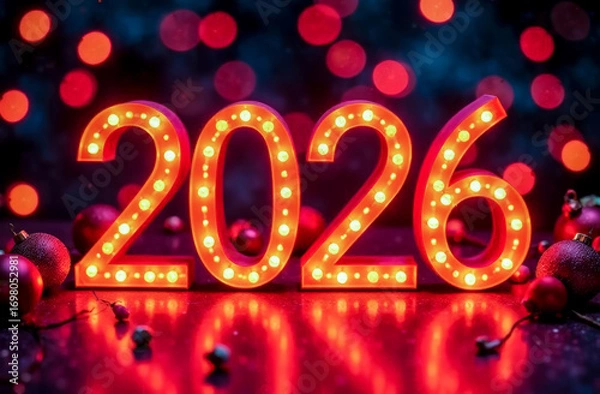 Fototapeta red numbers 2026 on a blurred background on the side. New Year's Eve celebration. greeting card, layout for advertising a store, cafe	