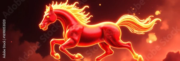 Fototapeta The banner is a fiery red horse on a black background. the symbol of the year 2026. Chinese New Year