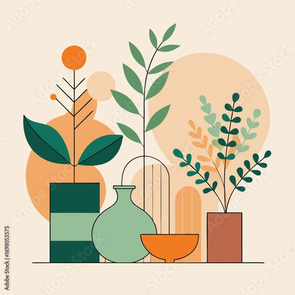 Fototapeta Abstract illustration of various potted plants and vases in a minimalist style.
