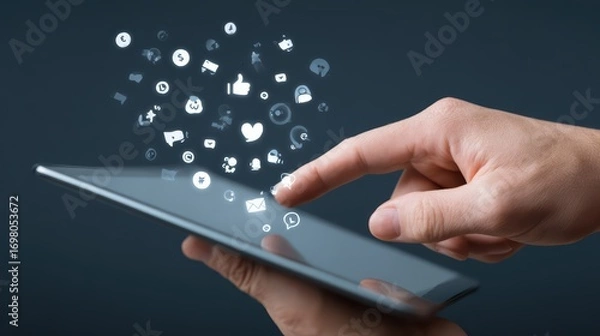 Fototapeta Stylish Individual Engaging with Dynamic Social Media Icons on a Tablet, Perfect for Modern Marketing and Digital Campaigns, Evoking a Sense of Connectivity and Interaction.