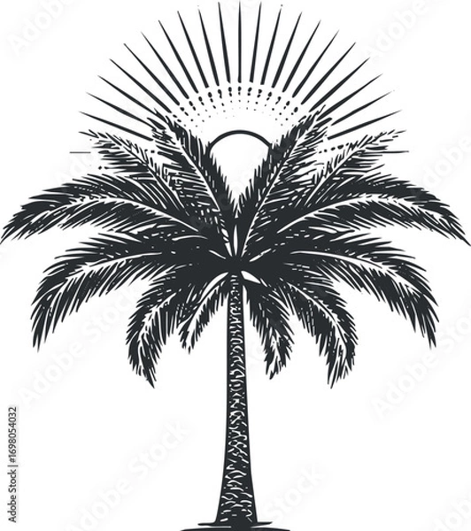 Fototapeta A stylized silhouette of a palm tree with sun rays emanating from behind it. Black on transparent background.