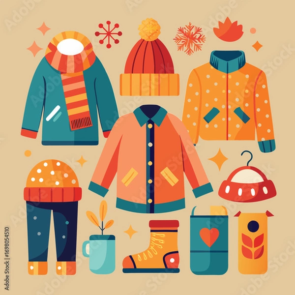 Fototapeta Collection of winter clothing items, accessories, and related objects.