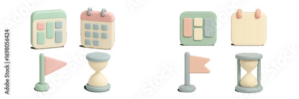 Obraz Soft pastel 3D icons representing time, schedule, and planning concepts, ideal for modern digital interfaces and applications