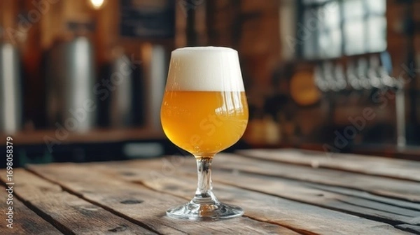 Fototapeta A glass of pale ale beer with thick foam head on a wooden table. Perfect for ads, blogs, or menus for bars and restaurants.
