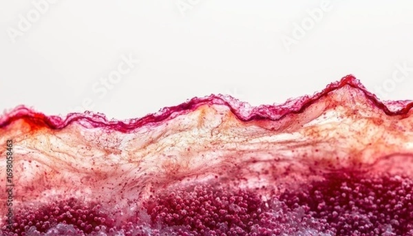 Fototapeta Macro shot of hand skin burn healing. Pink and red tones highlight cellular regeneration on a sterile white background. Professional medical lighting shows progress.
