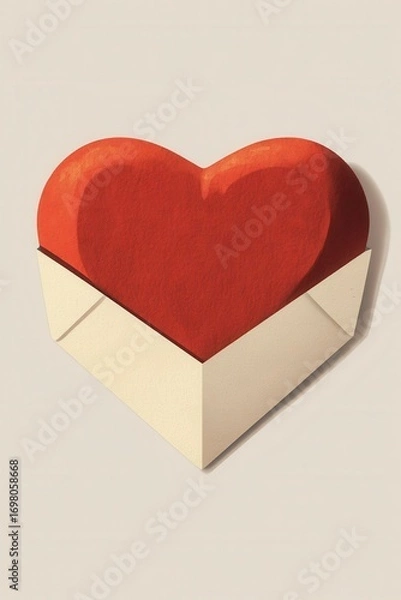 Fototapeta A minimalist heart-shaped envelope subtly cradles a red heart. Clean lines,, and gentle shadows define this flat style valentine design, presented in a limited red and white palette.