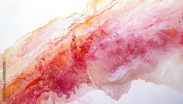 Fototapeta Macro view of healing burn wound on hand skin. Subtle pink and red tones show tissue regeneration at cellular level, professionally lit on sterile white for medical reference.
