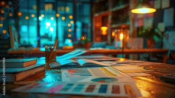 Fototapeta financial documents scattered on a desk. Warm ambient lighting enhances a celebratory atmosphere, with the blurred background hinting at a jubilant team. Details and energy emphasized.