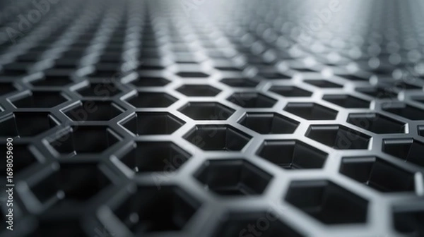 Fototapeta Ultra-close macro shot reveals a highly detailed metallic graphene surface texture. A hexagonal carbon lattice pattern, reminiscent of electron microscope detail, boasts a sleek metallic sheen.