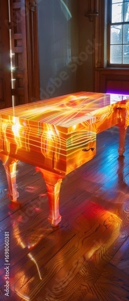 Fototapeta Backlit ethereal glow. Holographic colors swirl across a handcrafted wooden desk with dovetail joints. A vibrant demonstration, blending light's artistry with the spirit of traditional painting tools.