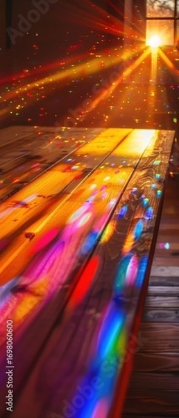Fototapeta Ethereal backlit scene. Holographic color mixing unfolds on a handcrafted wooden desk with dovetail joints, inspiring traditional painting with vibrant light.