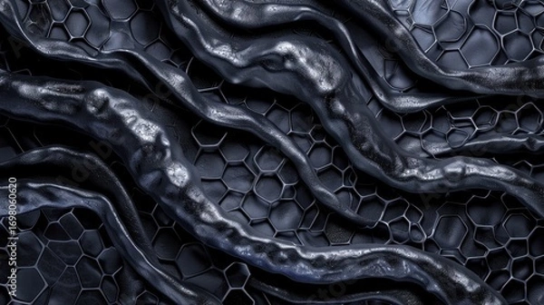 Fototapeta Highly detailed graphene surface texture, an ultra-close macro with metallic sheen. Organic forms flow over a hexagonal carbon lattice, captured with electron microscope detail.