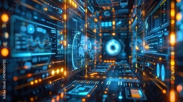 Fototapeta Tense holographic command center in crisis. Dramatic lighting blurs around dynamic, multiple data projections detailing the evolving situation.