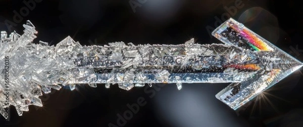 Fototapeta Extreme close-up of a high-contrast ice crystal arrow with rainbow refractions on its translucent frozen surface. Dark blurred background with studio lighting.