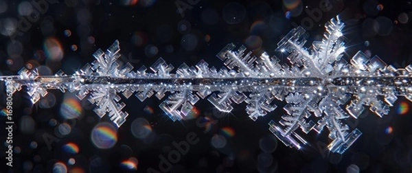 Fototapeta a translucent ice crystal arrow. Its frozen surface shimmers with rainbow refractions against a dark blurred background. High contrast studio lighting highlights intricate detail.