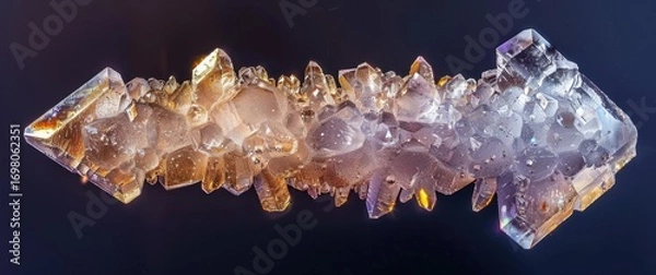 Fototapeta ice crystal arrow. Its translucent frozen surface shimmers with vibrant rainbow refractions against a dark, subtly blurred background. Studio lighting enhances the frosty detail.