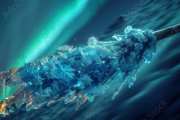 Fototapeta Magical ice broom, exquisitely sculpted with frozen fractals and glowing warm accents. Vibrant northern lights paint the arctic sky, creating an enchanting wide-angle scene.