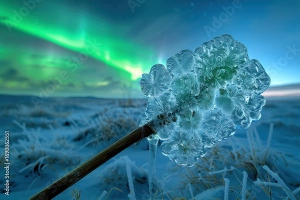 Fototapeta Magical ice sculpture broom with frozen fractals glows under a wide arctic aurora. Its warm wood stem contrasts the frosty landscape, creating an ethereal winter scene.