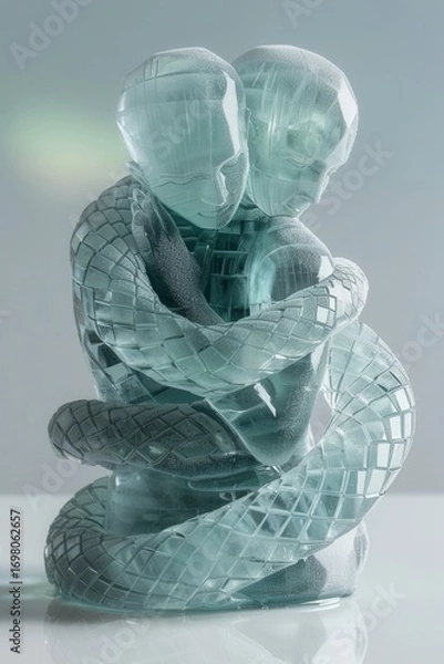 Fototapeta an ice serpent embraces two crystalline human figures. The sculpture shimmers with detailed scales and reflections, set against a northern lights that infuses the cool ice with subtle warm hues.