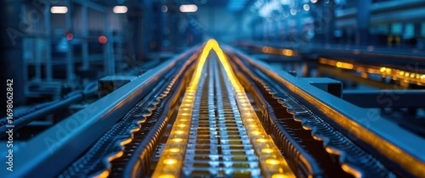 Fototapeta Symmetrical aerial view of a precise industrial cable tray system. Architectural lighting and glowing paths prevent disorder and clutter.