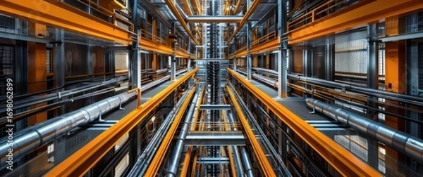 Fototapeta Aerial perspective of a symmetrical industrial cable tray system. Precise parallel runs and architectural lighting illuminate the vast, intricate network, a magnificent controlled disorder.