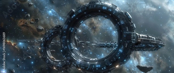 Fototapeta Giant industrial sci-fi jump gate under construction. Massive rings glow in deep space, amidst nebulae, asteroids, and the raw grit of cosmic noise.