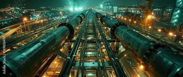 Fototapeta Aerial view of industrial cable tray system. Precise parallel runs create symmetrical composition, illuminated by architectural lighting amidst the ordered industrial clutter.