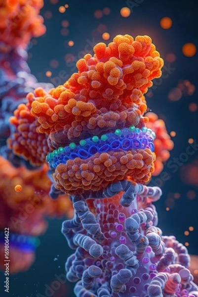 Fototapeta Vibrant ion channel protein complex in a cell membrane detail. Molecular transport visualized through a technical cutaway with cool blue and orange hues, soft blur enhancing depth.