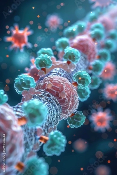 Fototapeta Technical cutaway view of ion channel protein complexes within a cell membrane. Detailed molecular transport visualization with cool colors and atmospheric blur.