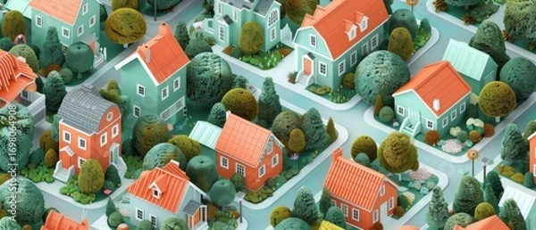 Fototapeta Vibrant isometric neighborhood with cute pastel orange and mint houses, tiny green gardens. Geometric trees and a charming blend of flat design style with subtle realistic textures.