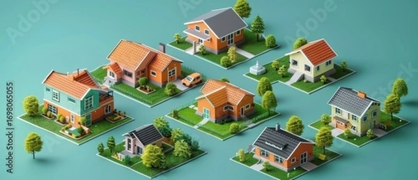 Fototapeta Vibrant isometric neighborhood featuring cute pastel orange and mint houses, tiny gardens, and geometric trees. A flat design style brought to life with realistic rendering on a teal backdrop.