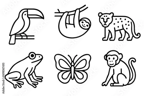 Fototapeta Outline illustrations of tropical wildlife animals: toucan, sloth, cheetah, frog, butterfly, monkey