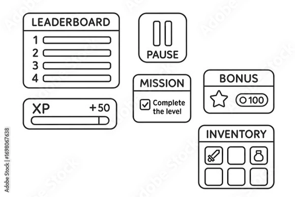 Fototapeta Minimalist game ui elements for leaderboard, xp, and inventory display