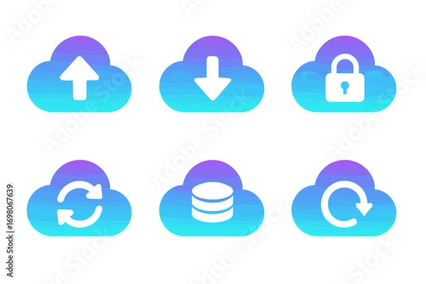 Fototapeta Cloud storage symbols: upload, download, security, and data synchronization icons