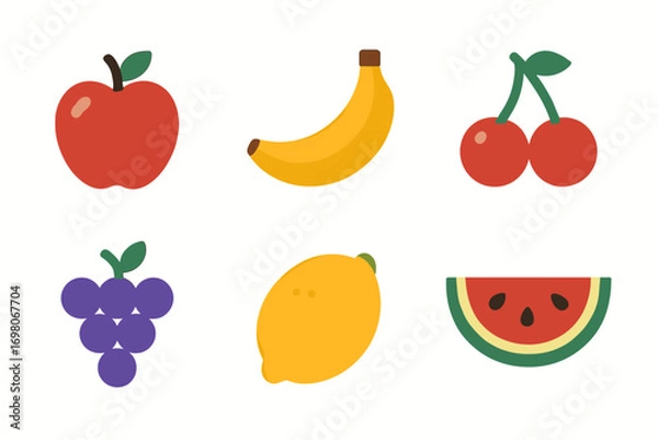 Fototapeta Colorful fruit icons featuring apple banana cherry grapes lemon watermelon