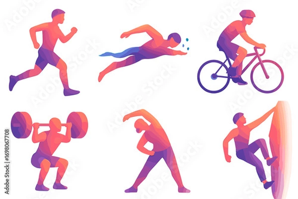 Fototapeta Colorful gradient figures engaging in diverse sports activities: running, cycling, swimming, weightlifting, stretching, climbing