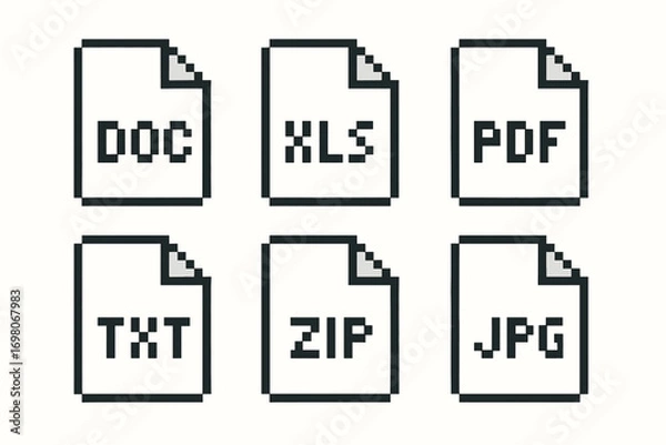 Fototapeta Pixel art icons representing common document file types: doc, xls, pdf, txt, zip, jpg