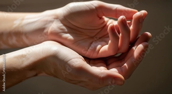 Fototapeta Close-up of human hands with vitiligo in natural light, showing skin pigmentation patterns and soft textures, symbolizing diversity, uniqueness, acceptance, and beauty in individuality