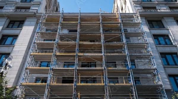 Fototapeta Stunning Scaffolding Against a Clock Tower Backdrop Ideal for Construction Building Projects, Inspiring Determination and Progress.