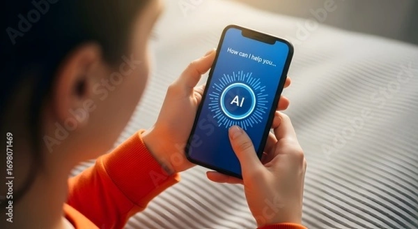 Fototapeta Woman holding smartphone displaying ai interface with the text how can i help you on screen